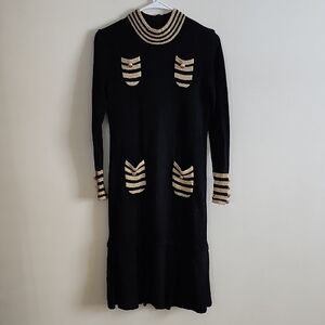 Porter Black and Gold Metallic Striped Cuff Midi Dress Womens 14 Sweater Dress